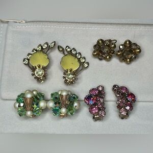 Vtg Faceted Aurora Borealis Crystal Cluster Clip On Earrings Gold tone 4 Sets